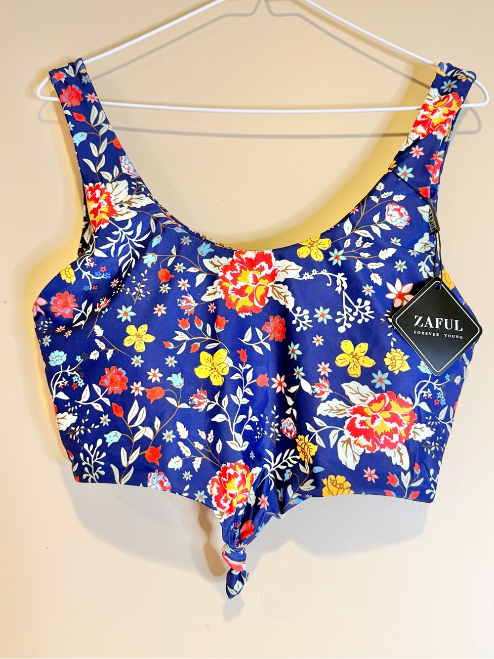ZAFUL Royal Blue Floral Tankini Front Tie Knot Bathingsuit Top